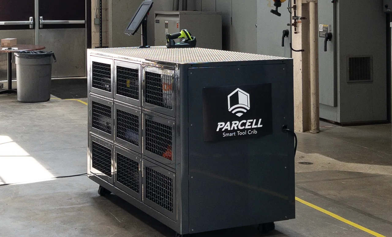 A Parcell Smart Tool Crib cabinet showing controlled-access drawers with bins for tools and consumables